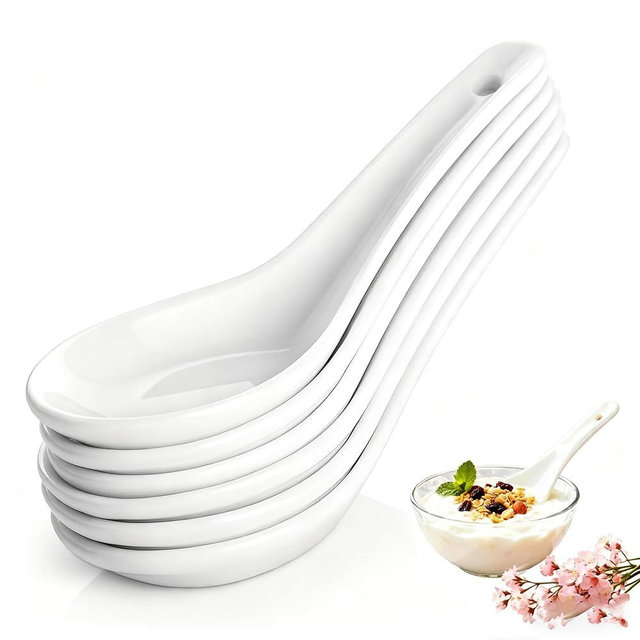 Soup Spoons Set of 6, Asian Ceramic Soup Spoons 5.3" Ramen Spoons Proper for Corelle Pho Miso Wonton Ramen Dumpling Macaron Dishwasher & Oven Safe