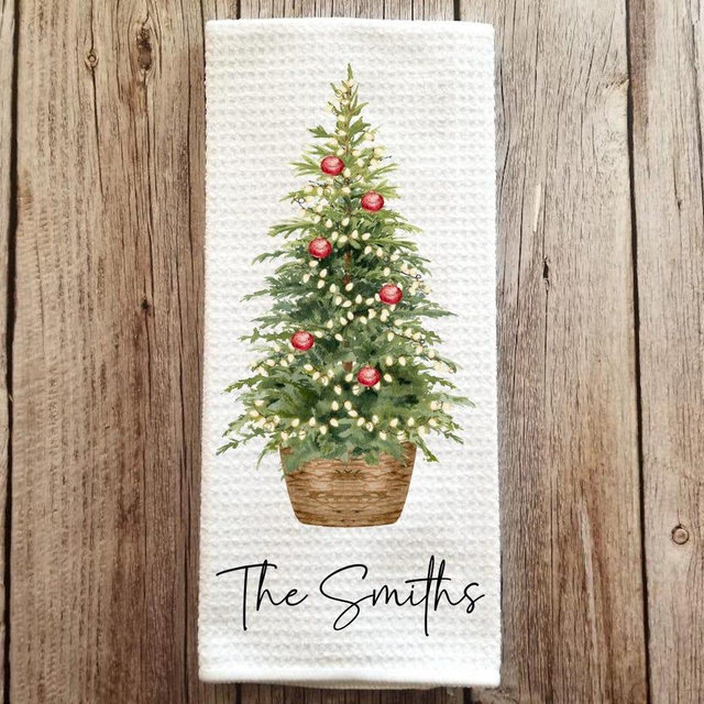 Personalized Christmas Tree Merry Christmas Tea Dish Towel - Tea Towel Kitchen Décor - Hostess Farmhouse Decoration Towel