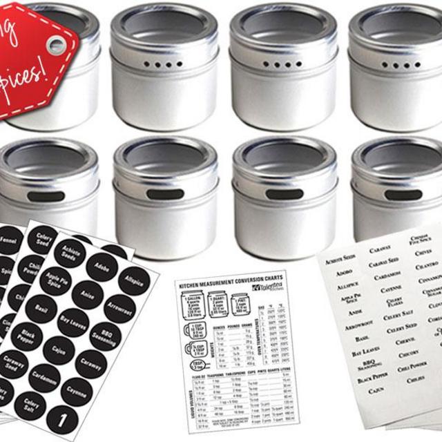 12 Magnetic Spice Tins & 2 Types of Spice Labels, Authentic by Talented Kitchen. 12 Storage Spice Containers, Window Top w/Sift-Pour. 113 Clear & 126 Chalkboard Stickers. Rack Magnetic On Refrigerator