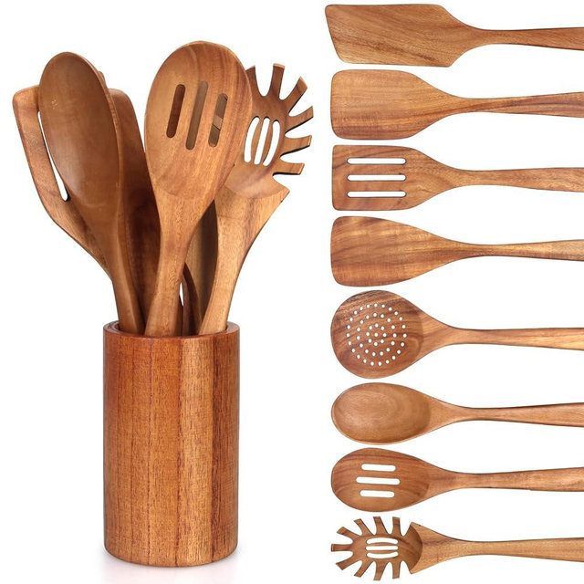 9 Pcs Wooden Spoons for Cooking Utensils with Utensil Holder Teak Wood Kitchen Utensils Set Flat Wooden Spatula Cooking Mixing Spoons Spaghetti Spoon Slotted Turner Scraper Spatula Large Utensils