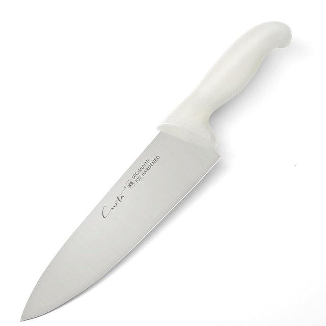 CURTA 8-inch Commercial-Grade Chef's Knife, NSF Listed, Ergonomic, Non-slip White Handle, High Carbon 420 Stainless Steel Forged Blade Straight Edge, Dishwasher Safe, Rust Proof