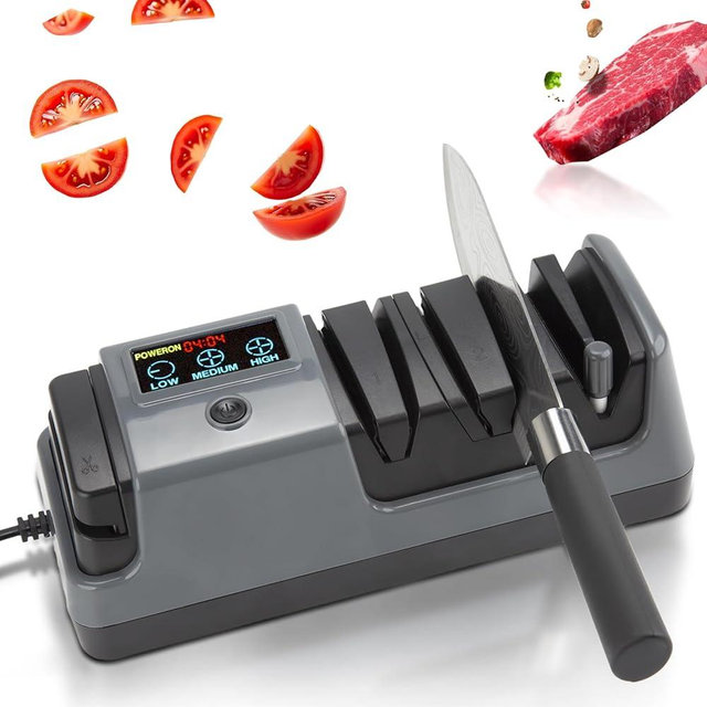 Ceelpeopar Professional 3-Stage Electric Knife Sharpener for Kitchen Knives, LCD Screen, 100% Diamond Abrasive, Adjustable Rotational Speed, Precision Angle Guides for All Kitchen Knives