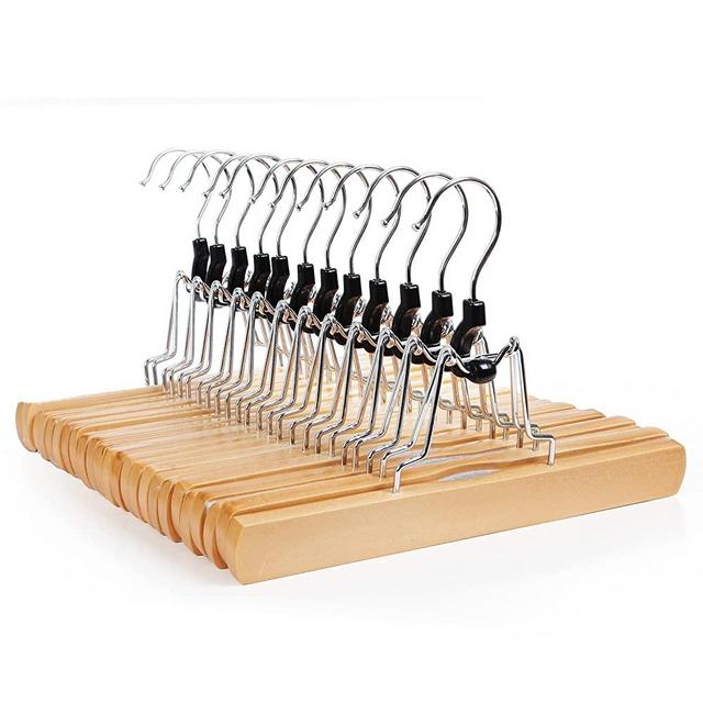 SONGMICS 12 Pack Wooden Pants Hangers, Premium Solid Wood with Non-Slip Felt, Hold Pants Tightly, Smooth Finish Wood Skirt Hangers, with 360° Swivel Hook, Natural UCRW007-12
