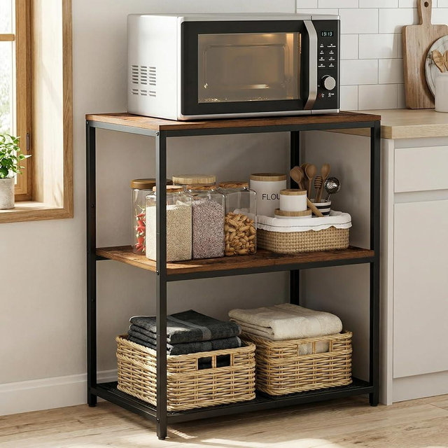 Homleke Kitchen Island with 3 Shelves, Kitchen Shelf with Large Workstation, Bakers Rack, Workbench, Metal Frame, Rustic Brown and Black