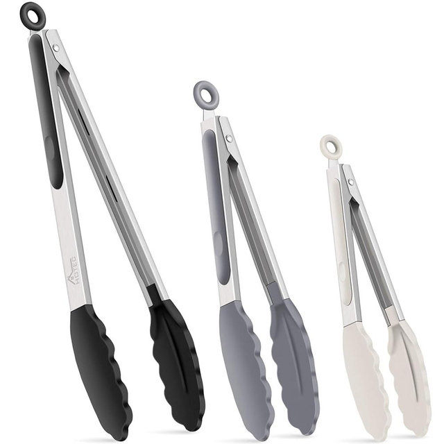 HOTEC Premium Stainless Steel Locking Kitchen Tongs with Silicon Tips, Set of 3-7", 9" and 12" (Black,Grey,Khaki)