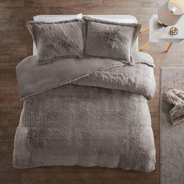 Full/Queen Leena 3pc Shaggy Faux Fur Duvet Cover Set Gray