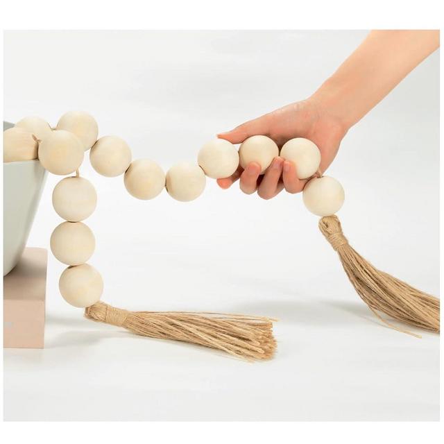 OMISHE 50" Long Large Wood Bead Garland with 1.6" Diameter Wooden Beads and Tassels, Rustic Farmhouse Country Wood Beads Garland for Home Tiered Tray Decor, Decorative Beads with Tassels Natural Beige