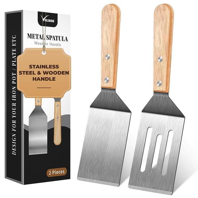 Stainless Steel Spatula Set, 2 Pieces Metal Spatula for Cast Iron Skillet, Metal Spatulas for Kitchen Use with Wooden Handle, Ideal for Frying Steak, Pancake, Cookie, Burger, Brownie or Desserts