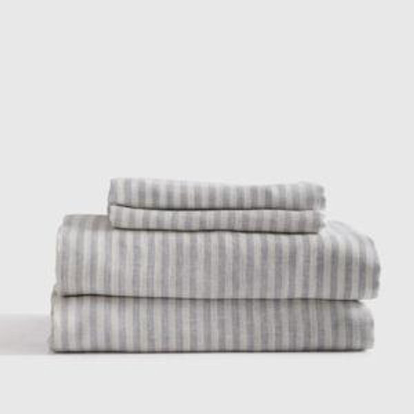 European Linen Fitted Stripe Sheet Set - Queen Size - Mist/White stripe
