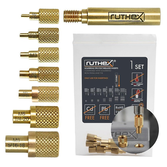 ruthex 7x Soldering Tips/Heat-Set Insert Tips - for Thread Inserts M2 / M2.5 / M3 / M4 / M5 / M6 / M8 - #2-56 / #4-40 / #8-32/ #10-24 1/4" and Soldering Iron Adapter 900M / T18