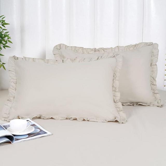 PHF 100% Washed Cotton Ruffle Pillowcases Standard Size, 2 Pack 20" X 26" Pillow Shams, No Insert, Ultra Soft Cotton Pillow Cases,Decorative Farmhouse Bedding Pillow Covers, Linen