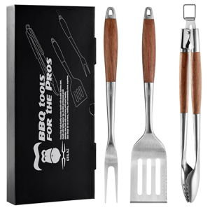 Heavy-Duty Rose Wooden BBQ Grilling Tools Set. Extra Thick Stainless Steel Multi-Function Spatula, Fork & Tongs | Essential Accessories for Barbecue & Grill. Ideal Gift for Father…