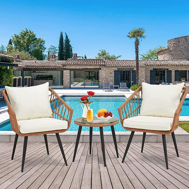 ECOTOUGE Bistro Set 3 Piece Outdoor, Wicker Bistro Table and Chairs Set of 2, All Weather Rattan Patio Furniture Bistro Conversation Set for Porch, Backyard, Garden