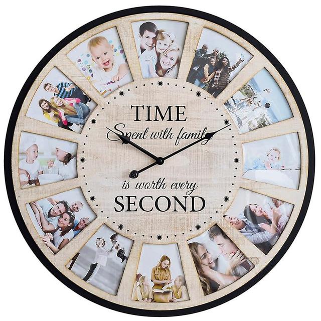 JUMBO HUMBLE 12 Photo Collage Rustic Farmhouse Wood Wall Clock, Large Oversized Wall Clock for Home, Kitchen, Living Room, Silent Battery Powered 25 Inch Natural