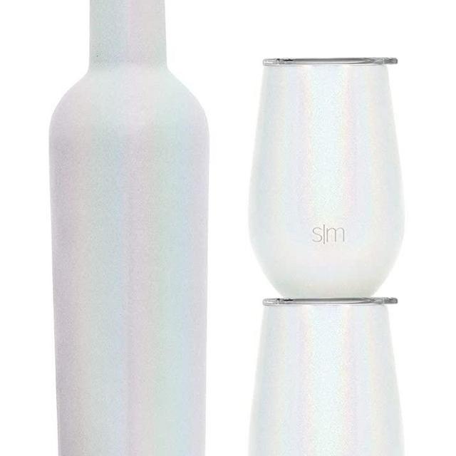 Simple Modern Spirit Wine Bundle - 2 12oz Wine Tumbler Glasses with Lids & 1 Wine Bottle - Vacuum Insulated 18/8 Stainless Steel Shimmer: Selenite