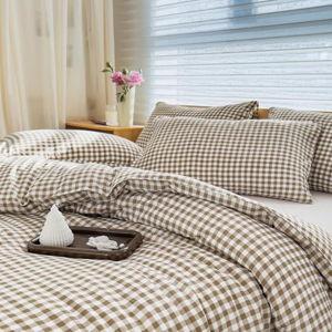NSNLGSGC Twin Comforter Set, Tan Gingham Bedding Sets, Brown Grid Bed Comforter 2 Pieces (1 Comforter, 1 Pillowcase)