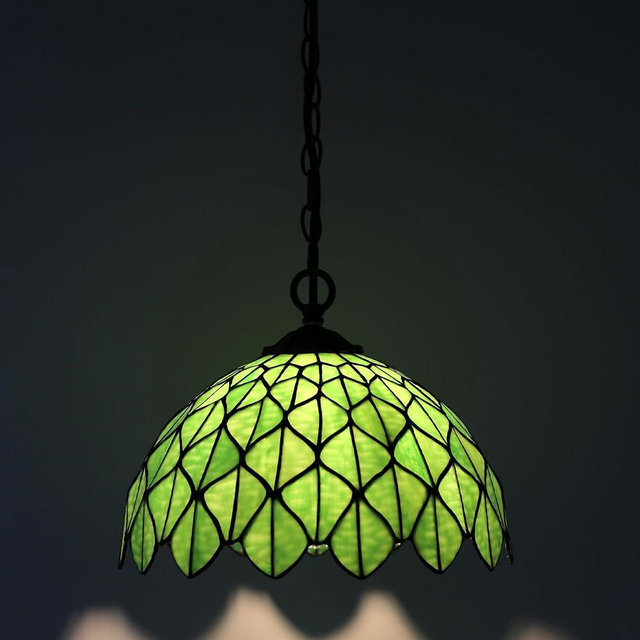 LUSTIX Tiffany Pendant Light Plug-in Stained Glass Hanging Lamp 12”x12”x181” Green Maple Leaf Swag Light Vintage Lighting for Dining Room Living Room Kitchen Hallway Bedroom