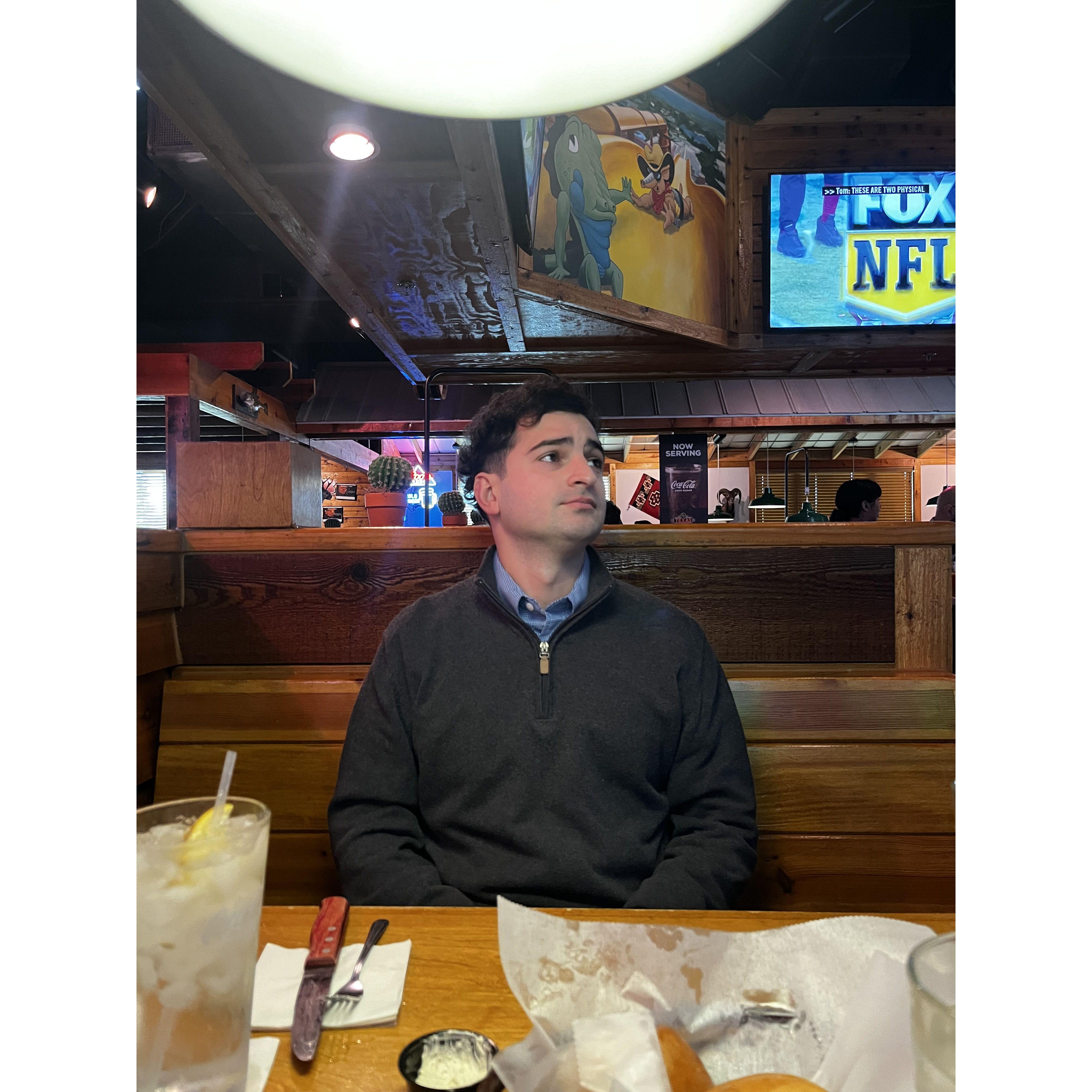 Brendan at Texas Roadhouse the day he proposed