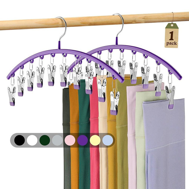 Volnamal Legging Organizer for Closet, Metal Yoga Pants Hangers 1 Pack w/10 Clips Holds 10 Leggings, Hangers Space Saving Hanging Closet Organizer w/Rubber Coated Closet Organizers and Storage, Purple