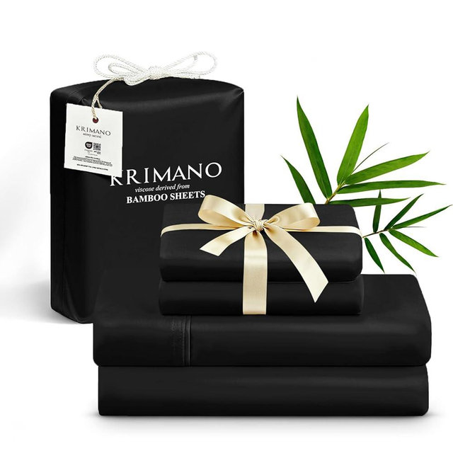 Krimano Queen Size Sheet Set, Viscose Bamboo Sheets for Bed Set 4pcs, 100% Viscose Derived from Bamboo, Hotel Luxury Silky & Cooling for Hot Sleepers, Deep Pocket Up to 17", Black