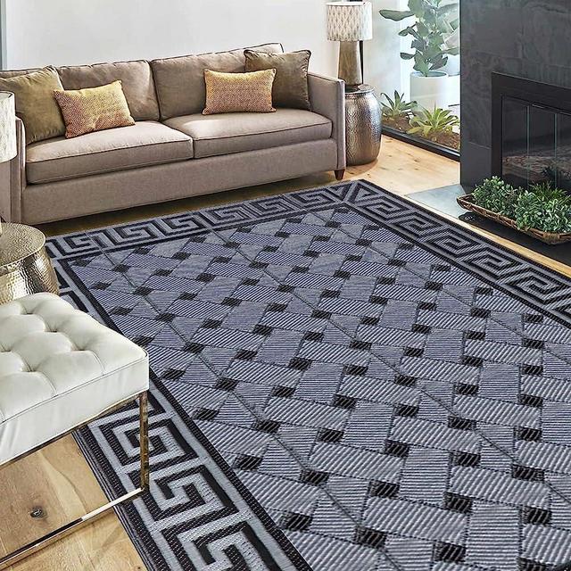 SAND MINE Reversible Mats, Plastic Straw Rug, Modern Area Rug, Large Floor Mat and Rug for Outdoors, RV, Patio, Backyard, Deck, Picnic, Beach, Camping (9' x 12', Black & Grey)