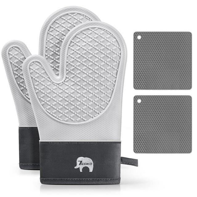 Oven Mitts, Heat Resistant Silicone Oven Mitt with Soft Cotton Lining 2 Pack Oven Mitts and Pot Holders Sets Perfect for BBQ, Baking and Cooking