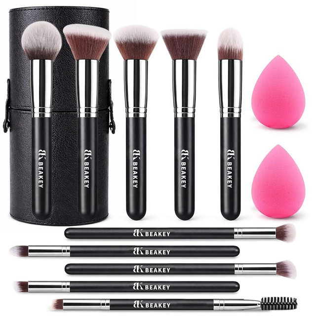 BEAKEY Makeup Brushes Sets, Brush Sets with Makeup Sponges (10+2pcs, with Black Case)