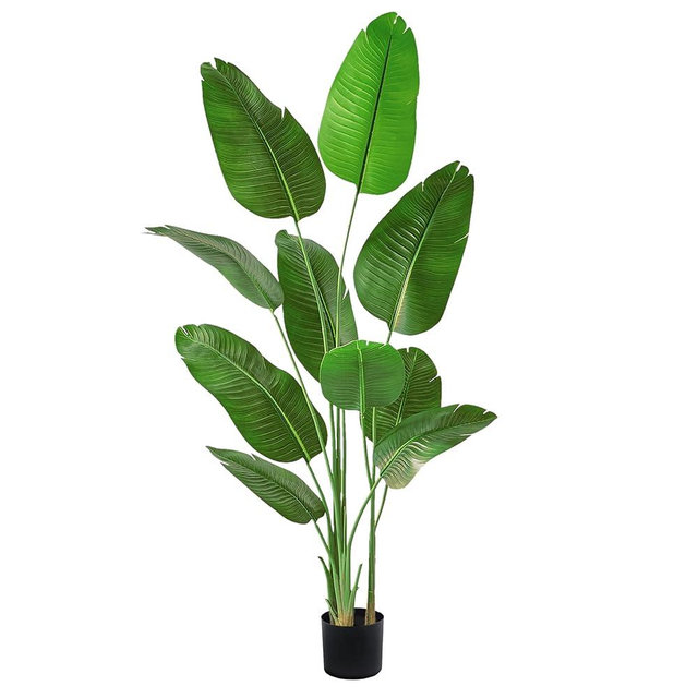 Fake Bird of Paradise Silk Artificial Plant Faux Banana Leaf Tree for Home Decor Indoor Floor Plant with 10 Trunks (1, Black Planter, 6 FT)