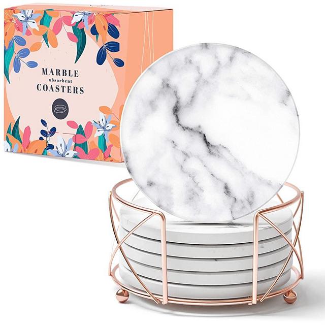 BlyssDecor Marble Coasters for Drinks with Free Ebook White Marble Coaster Set Drink Coasters with Holder Water Absorbing Coasters White Marble Coasters Marble Coasters with Holder White Coasters