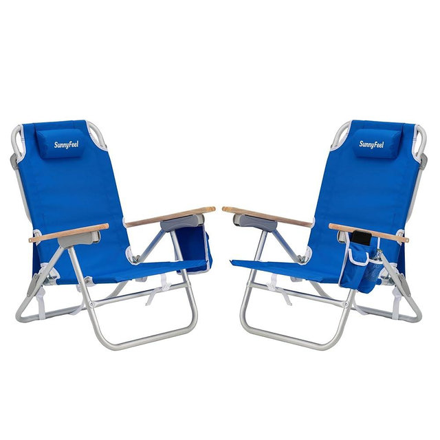 SUNNYFEEL Low Back Folding Beach Chair, Aluminum Heavy Duty Beach Chair with 5-Position, Portable Camping Chair for Adults with Wood Armrest, Lightweight Camping Chair 300lbs, Blue, 2 Pack