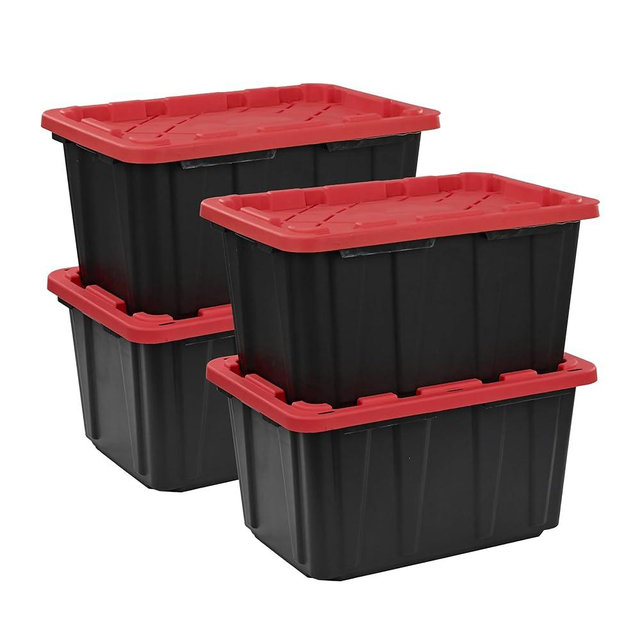 CX BLACK & YELLOW®, XTRA TALL 27-Gallon Heavy Duty Tough Storage Container & Snap-Tight Lid, (28.5”L x 19.4”W x 15.2”H), Weather-Resistant Design and Stackable Organization Tote [4 Pack]