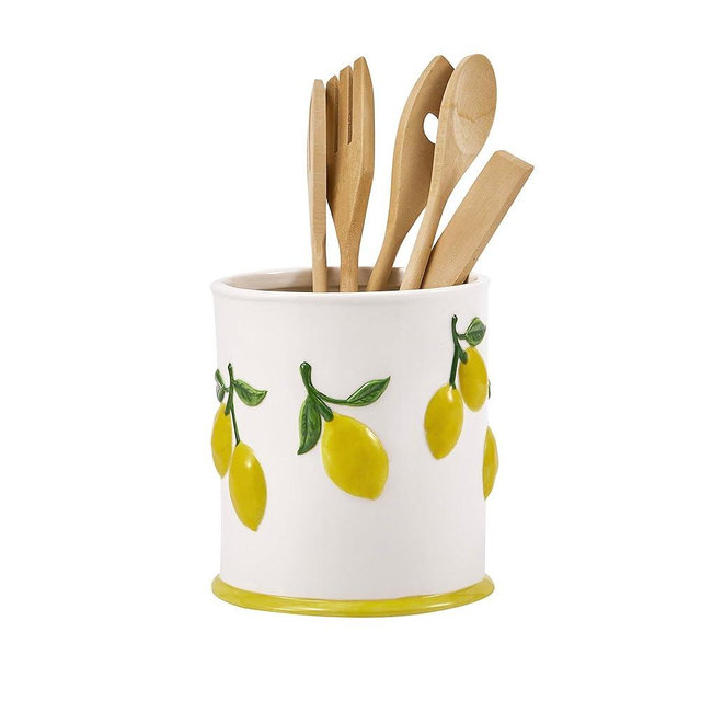 Bico Lemon Handpainted Stoneware 6 inch Utensil Holder, Dishwasher Safe, for holding Cooking Spatula, Utensil