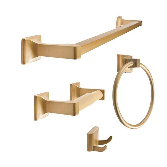 SENTO Cellar Classic Bathroom Accessories Set, Heavy Duty Metal Bath Hardware Set Wall Mounted, Includes Robe Hook, Standard Toilet Paper Holder, Towel Ring, 24” Towel Bar (4-Piece, Satin Brass)