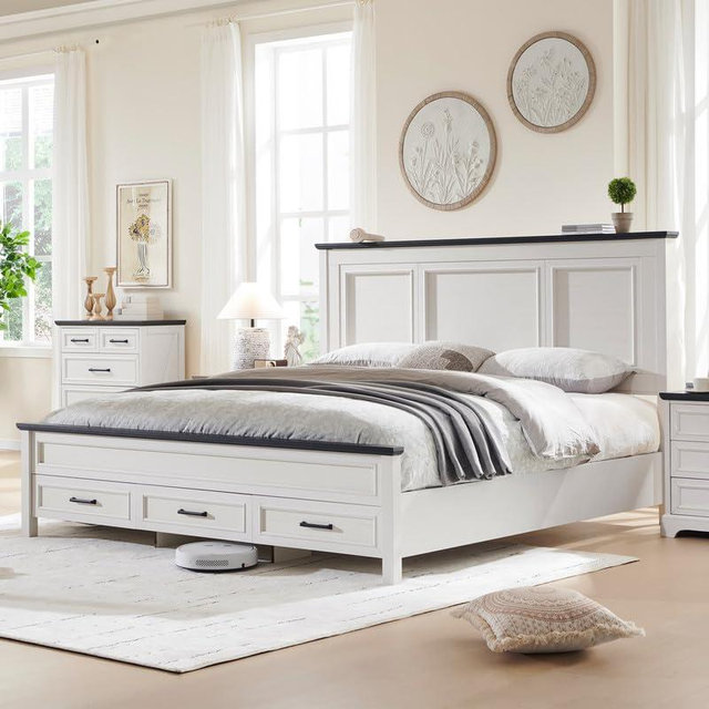 ACCOHOHO Farmhouse King Size Bed Frame with 52" Tall Full-Panel Headboard, Wood Platform Bedframe with Footboard and Storage Drawers, No Squeak, No Box Spring Needed, Antique White