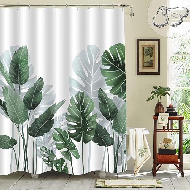 Gibelle Tropical Plant Shower Curtain, Green Palm Leaf on White Background Nature Shower Curtain, Banana Tree Leaves Modern Simple Design Waterproof Fabric Bathroom Decor, 72" W x 72" L