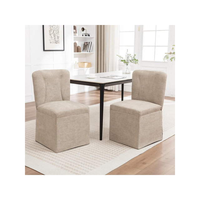 Set of 2 Modern Brown Linen Dining Chairs with Padded Seat and Backrest, Upholstered Armless Dining Chairs for Dining Room or Kitchen-Panipeachy
