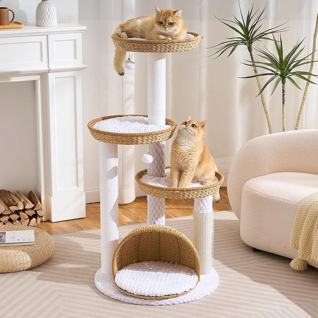 Wood Modern Cat Tree for Large Cat, 46" Tall Cat Tower with Scratching Posts, Cat Condo, Aesthetic Multi-Level Cat Climbing Tree with Hand-Woven Bed for Adult Indoor Cats-Nature