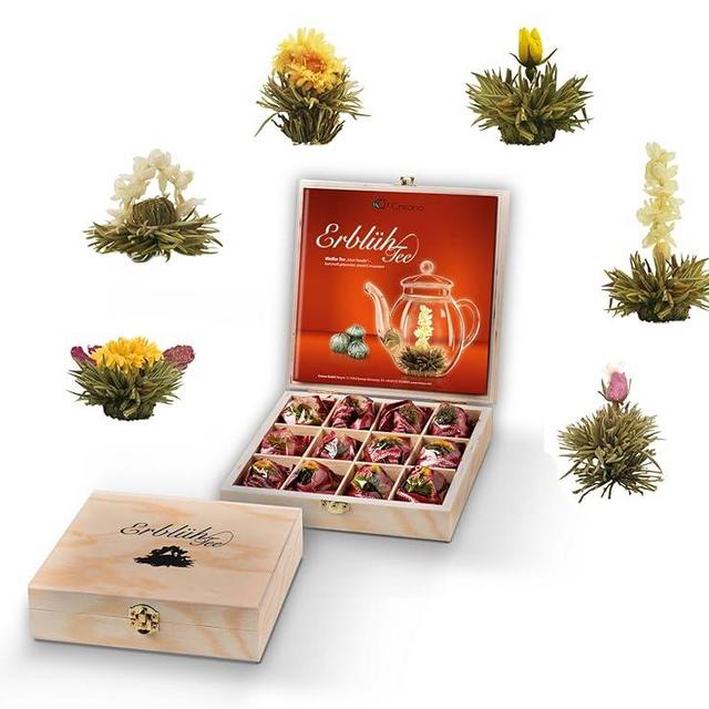 Creano Blooming Tea - Flowering Tea Ball Gift Set in Stylish Wooden Tea Box - 12 Pieces, White Tea