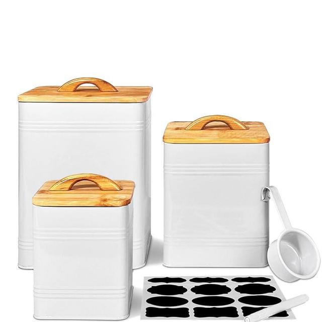 vensovo Kitchen Canisters Set of 3 – White Metal Airtight Food Storage Jars with Lids – Farmhouse Flour and Sugar Containers for Kitchen Countertop & Pantry
