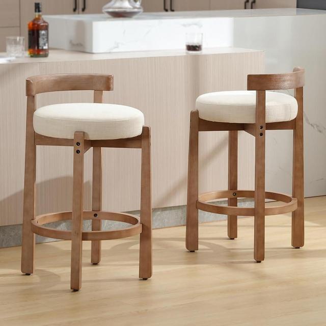 DUOMAY Modern Bar Stools Set of 2, 26" Counter Height Stools, Armless Round Wood Barstools Kitchen Island Stool with Linen Seat for Home Bar Coffee Shop, Beige