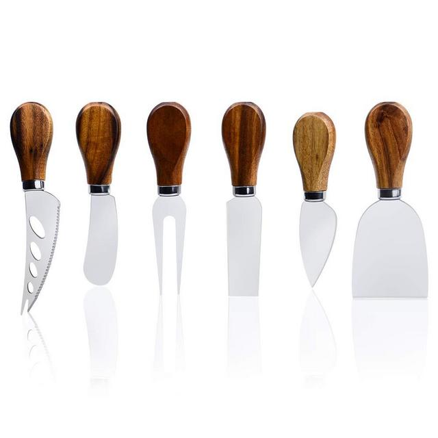 ONIPU Cheese Knives with Wood Handle Stainless Steel Cheese Slicer Cheese Cutter Cheese Fork, 6-Piece Cheese Spreading Knife Sets for Charcuterie Boards, Cutlery Gift Set (6-wood handle cheese knives)