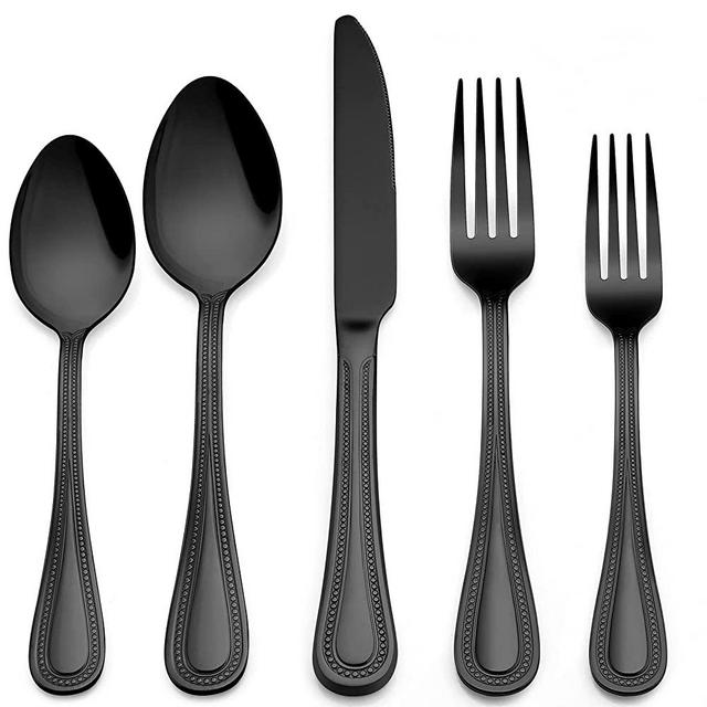 LIANYU 30-Piece Black Silverware Set for 6, Stainless Steel Flatware Cutlery Set with Pearled Edge, Home Kitchen Restaurant Tableware Utensils Include Knives Spoons Forks, Dishwasher Safe