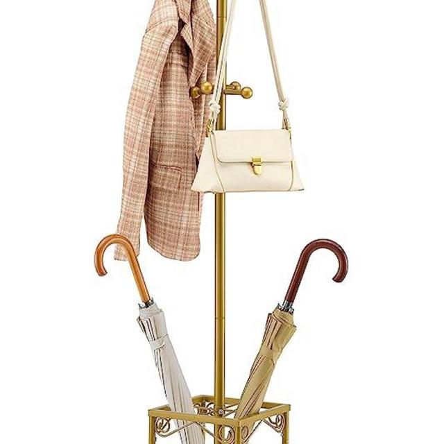 Hoctieon Coat Rack Freestanding,Entryway Coat Hanger Stand,Umbrella Holder,Hall Tree With 12 Hooks,Standing Coat Rack,Floor Standing Metal Umbrella Tree Stand, Gold