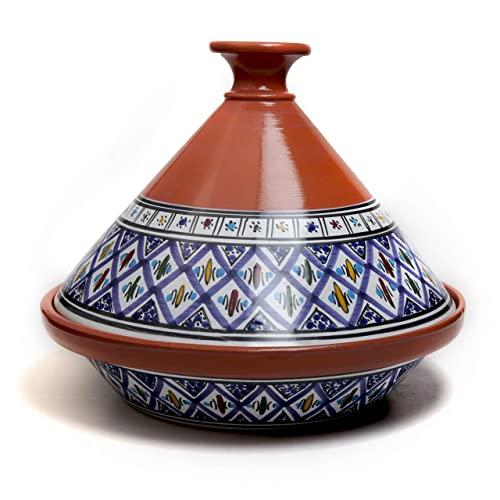 Kamsah Hand Made and Hand Painted Tagine Pot | Moroccan Ceramic Pots For Cooking and Stew Casserole Slow Cooker (Medium, Classic Bohemian Blue)