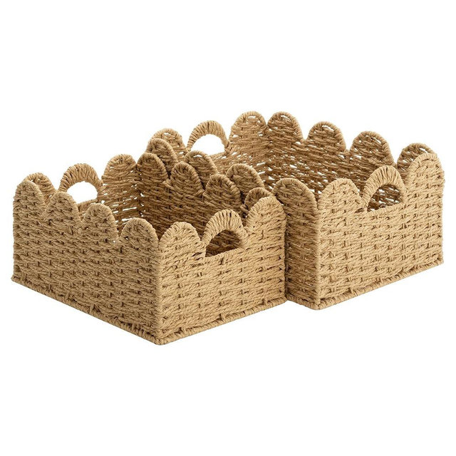 StorageWorks Scalloped Wicker Basket, Woven Baskets for Storage, Large Baskets with Handles, Cute Baby Basket for Nursery, Paper Rope Baskets for Organizing and Decor, 2 Pack