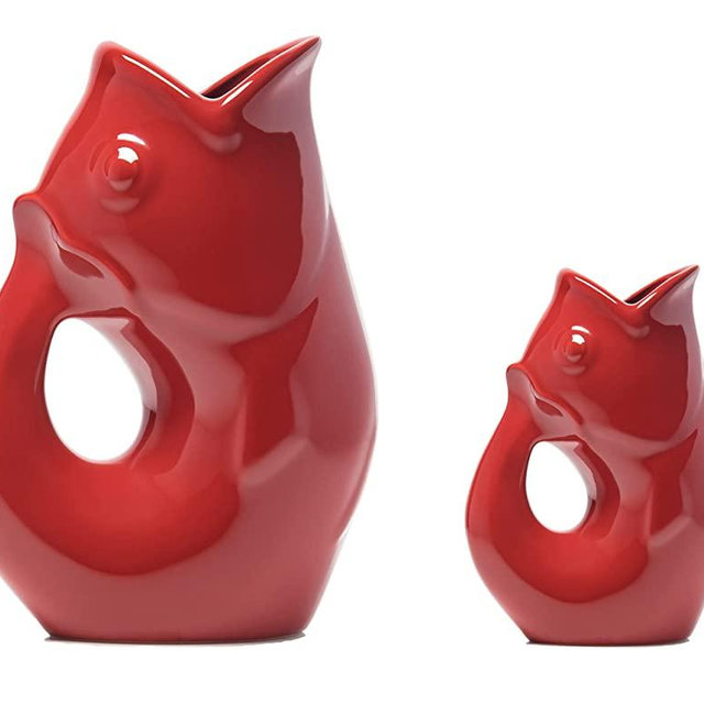 Gurgle Pot Fish Pitcher- Set of 2, Urban Red, French Inspired Design, Large Pitcher 42 oz. with matching 3 oz. Creamer, Perfect Indoor or Outdoor Tableware. 42 Fluid Ounces and 3 Fluid Ounces