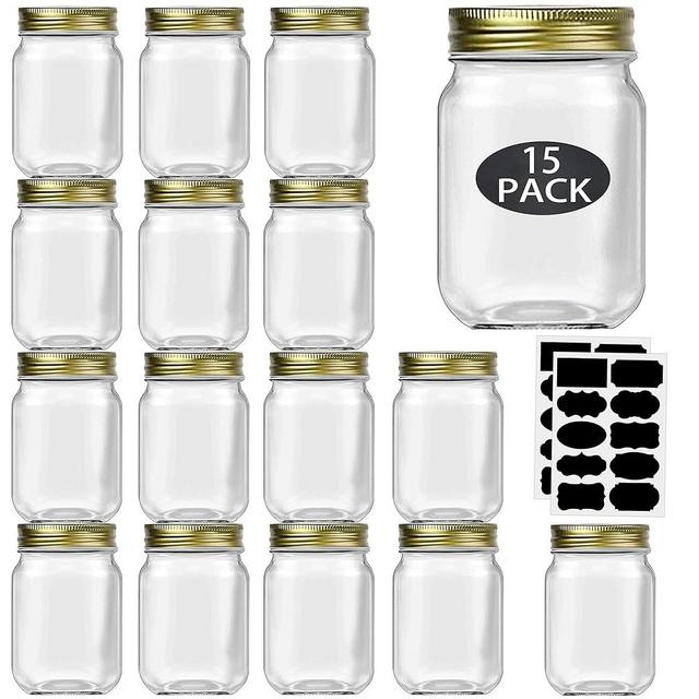 16 oz Mason Jars With Lids Regular Mouth 15 Pack-16 oz Glass Jars with Lids,Bulk Pint Clear Glass Jars For Meal Prep, Food Storage With 20 Labels (Gold Lids)