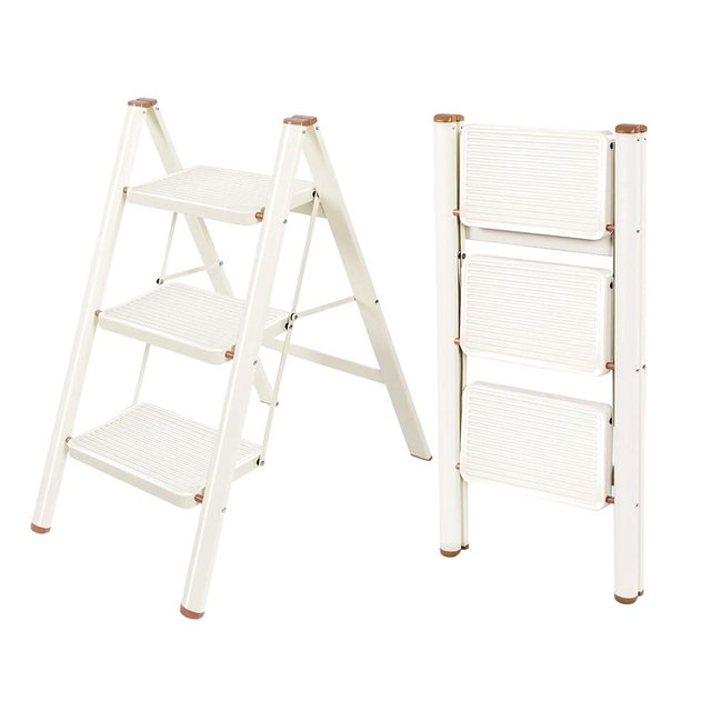 Valeo 3 Step Ladder,Lightweight Folding Step Stool with Wide Anti-Slip Pedal, 330LBS Capacity, Heavy Duty,Sturdy Iron Metal Step Stool for Home, Kitchen, Closet, Adults, Cream White