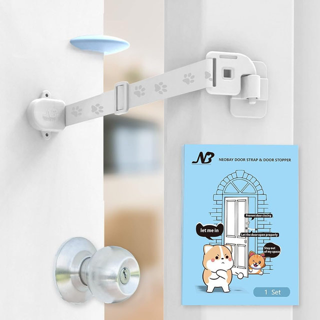 Neobay Adjustable Door Strap and Latch, Damage-Free Cat Door Latch to Keep Dog Out of Litter Box, Economical Alternative of Pet Gates, Basic with Stopper 1 Pack