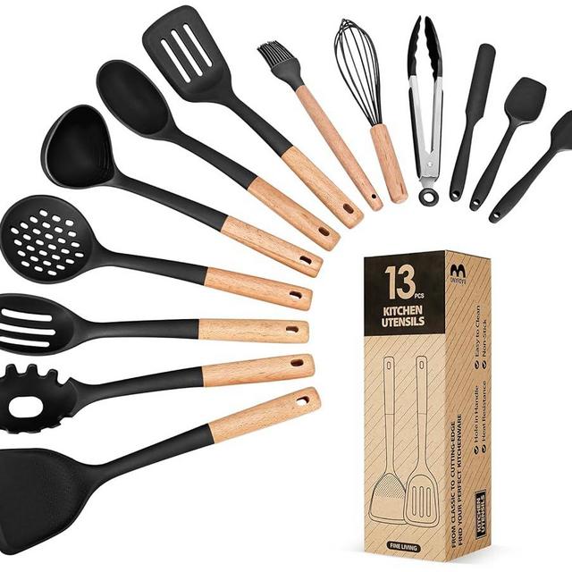 Kitchen Utensils Set, 13PCS Silicone Cooking Utensils, Heat Resistant Kitchen Utensil Spatula Set for Nonstick Cookware, Wooden Handles Kitchen Gadgets Tools Set